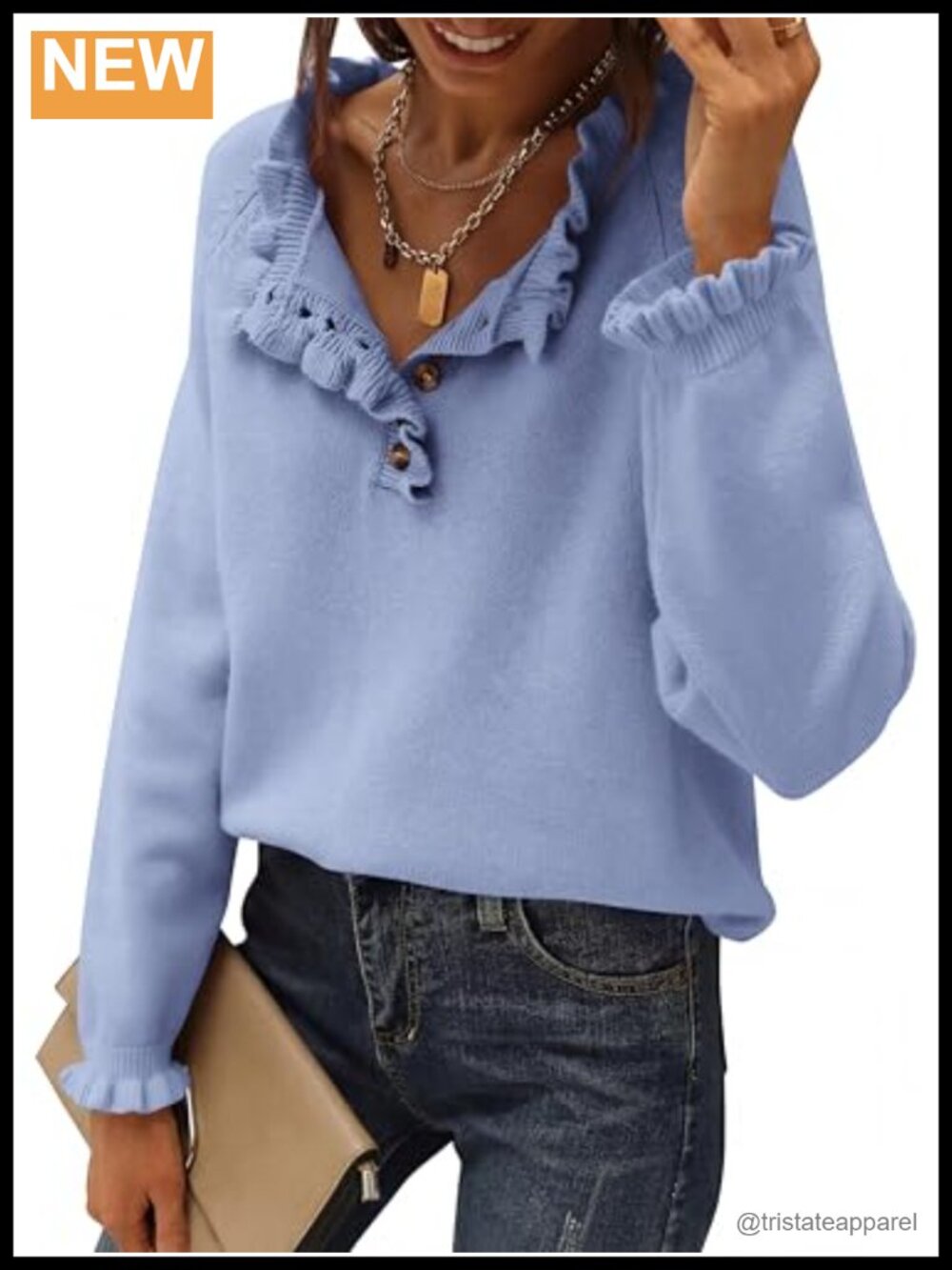 Women's Long Sleeve Ruffle Button Down Knit Pullover Sweater Crewneck